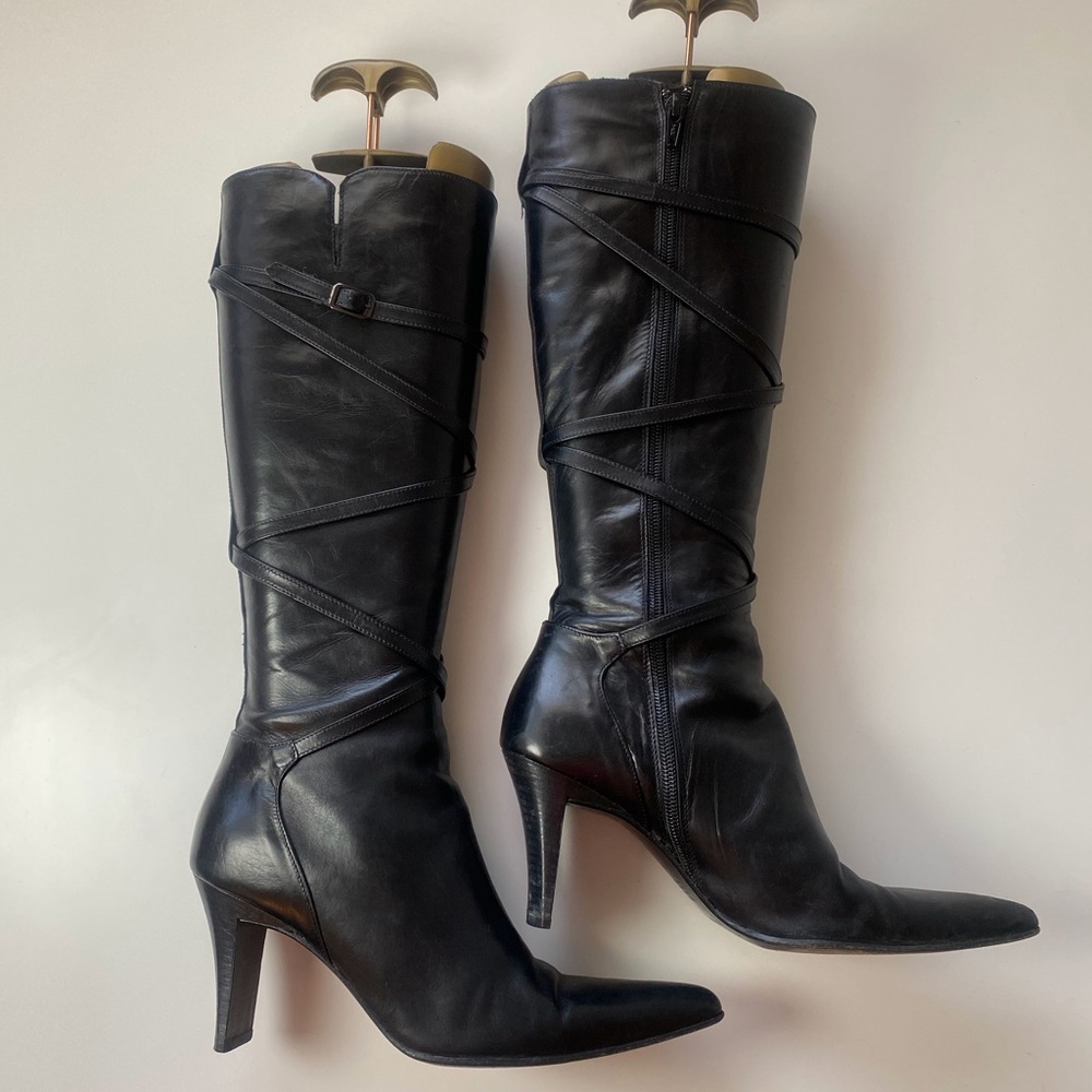 Kenneth Cole Black Leather Over-the-Knee Pointed-Toe Heeled Boots - Picture 4 of 9